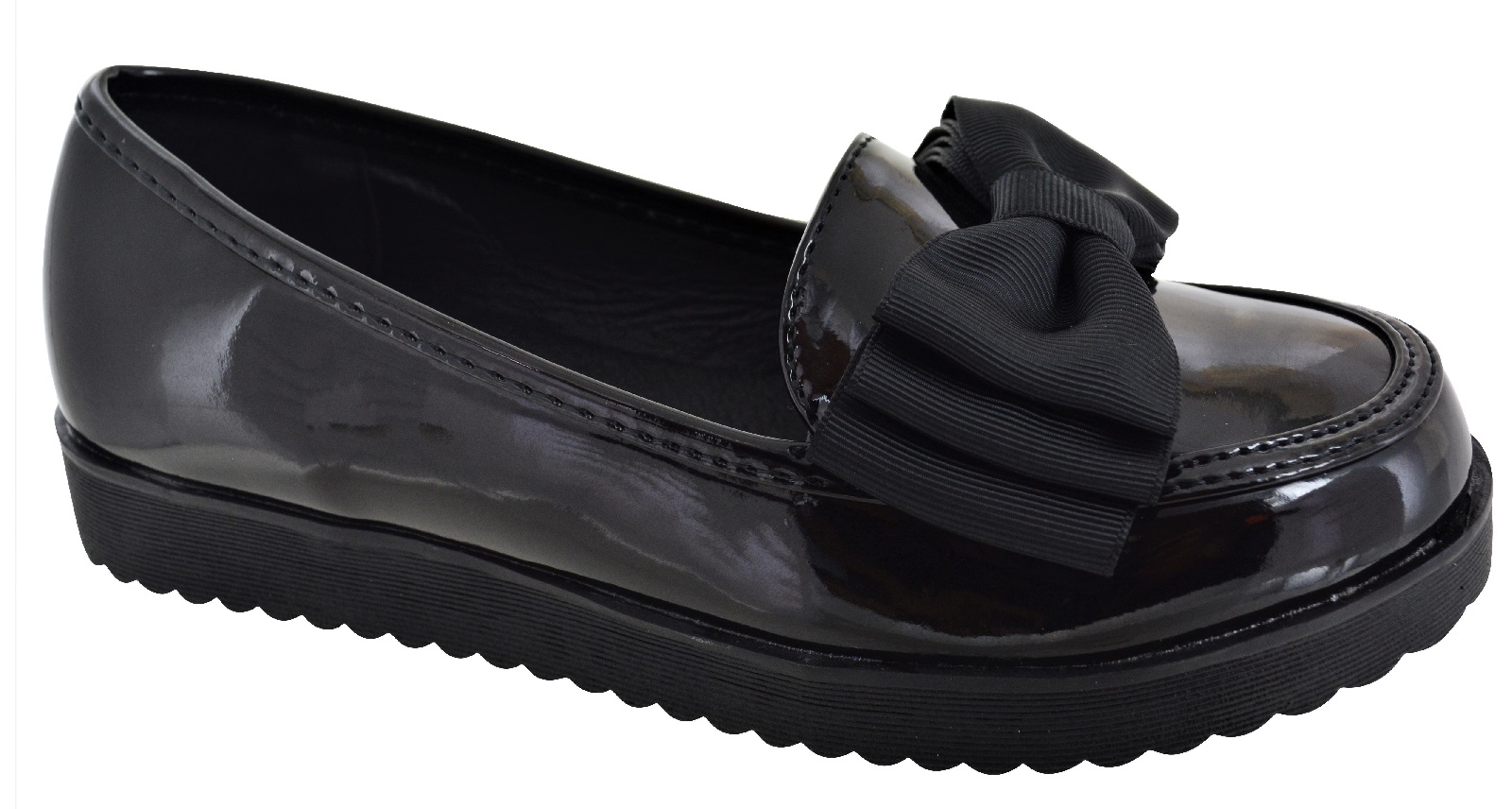 GIRLS FLAT CHILDREN BLACK PATENT LOW HEEL BOW SLIP ON LOAFERS SCHOOL